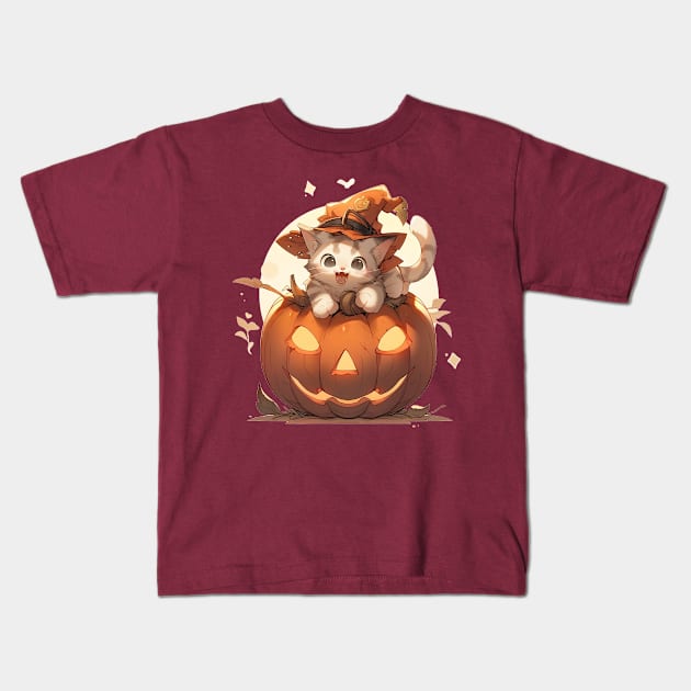 Kawaii cat witch on a halloween pumpkin Kids T-Shirt by Seraphine